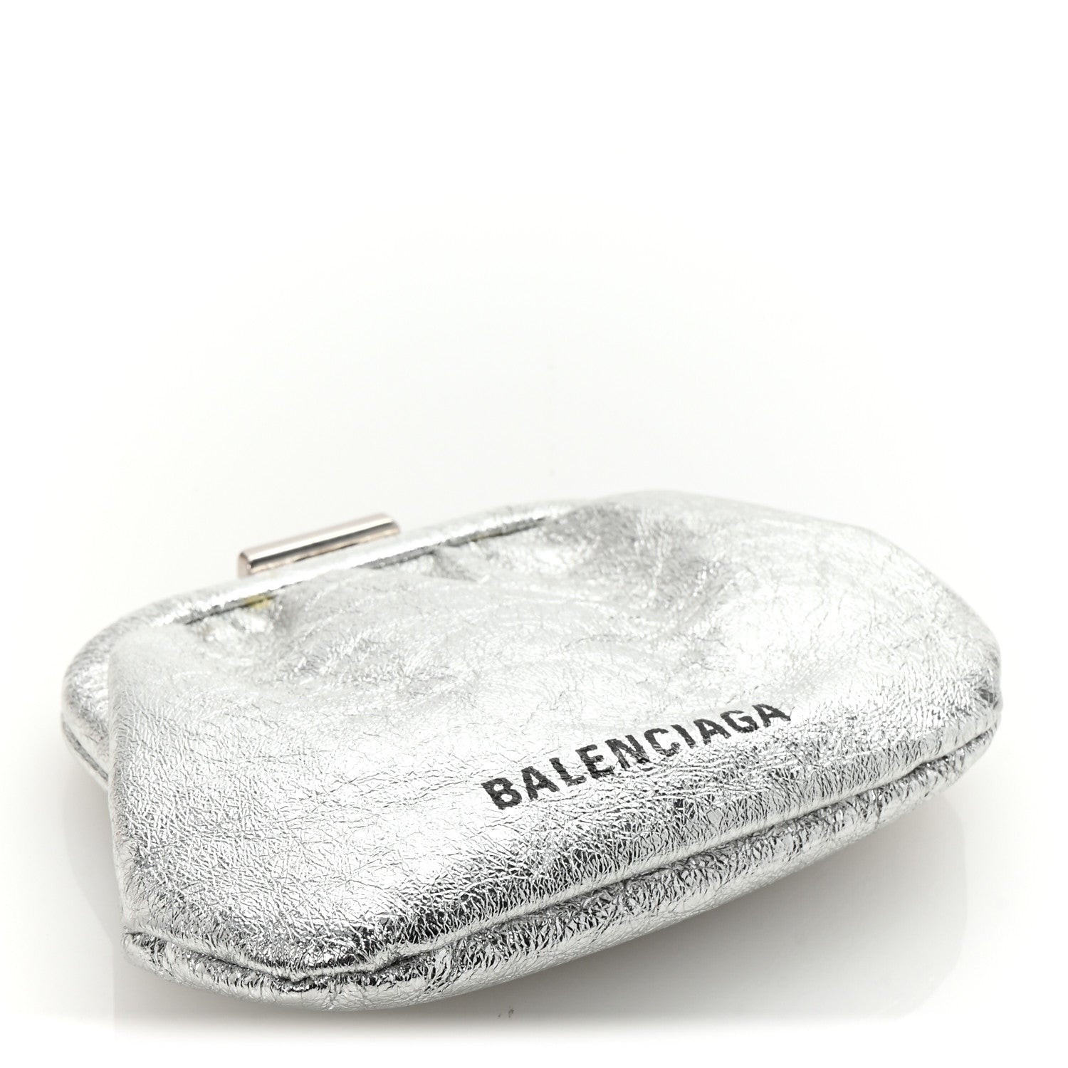 Balenciaga Metallic Textured Calfskin Logo Cloud Coin Purse With Strap Silver