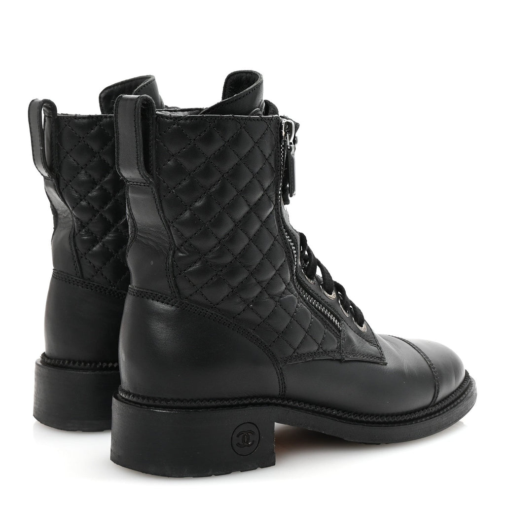 Chanel Calfskin Quilted Lace Up Combat Boots 37.5 Black