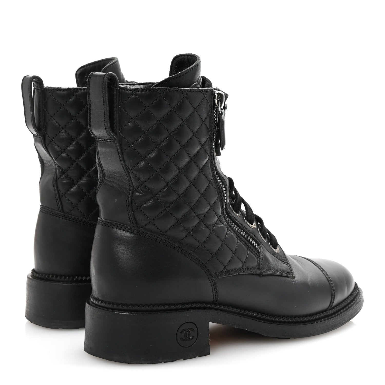 Chanel Calfskin Quilted Lace Up Combat Boots 37.5 Black