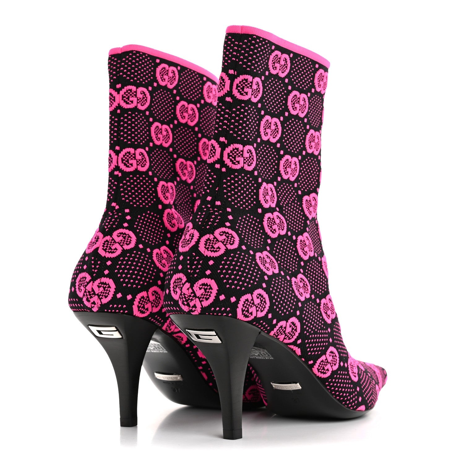 Gucci Technical Jersey Knit GG Monogram Square G 75mm Ankle Boots 37 Black Neon Fucsia
