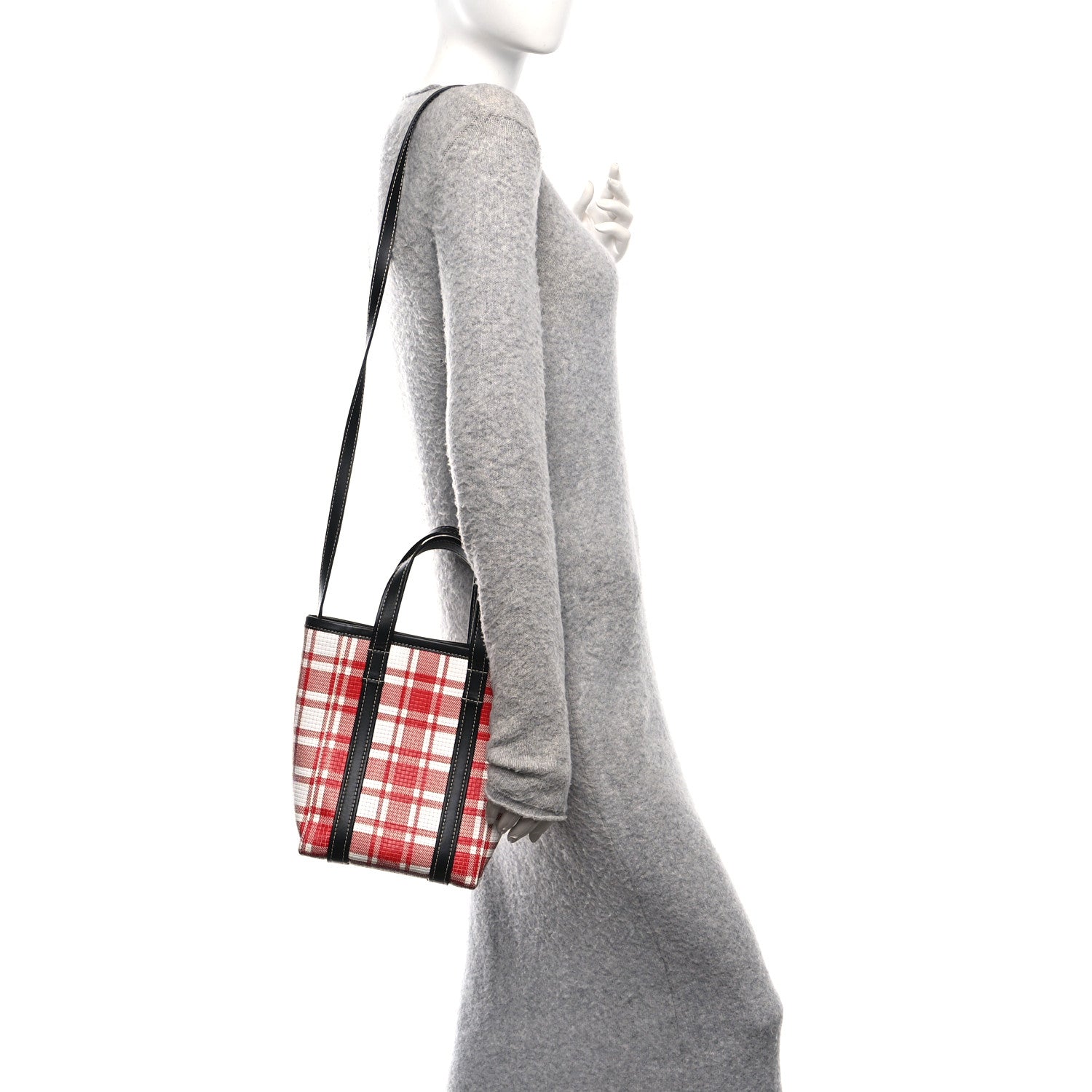 Balenciaga Calfskin Embossed Plaid North-South Small Barbes Shopper Tote Red