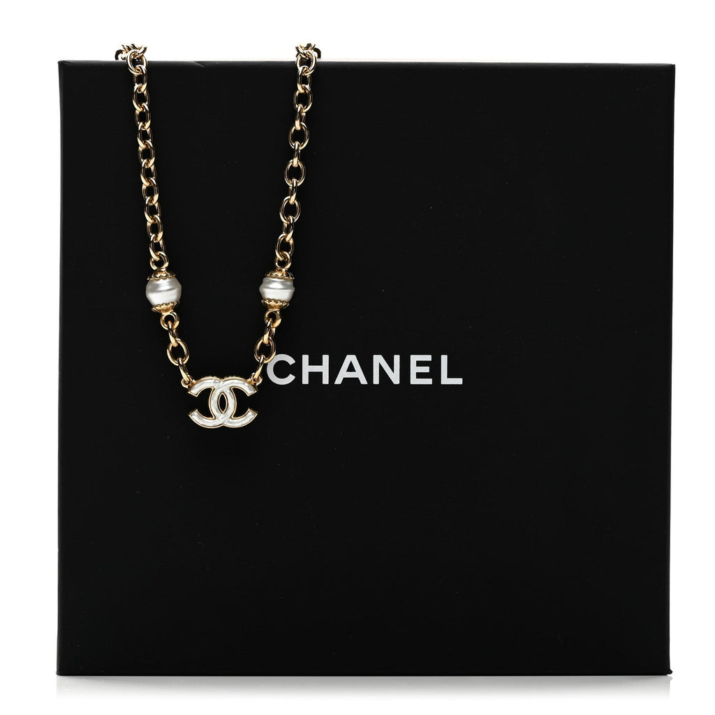 Chanel Metal Enamel CC Necklace Gold White
