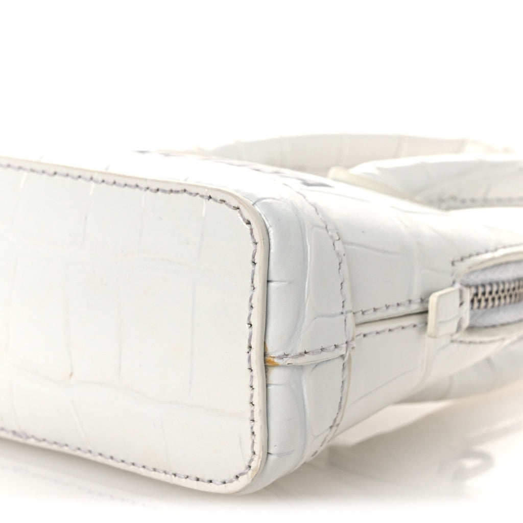 Balenciaga Calfskin Logo Crocodile Embossed Mini Ville Top Handle Bag White Black