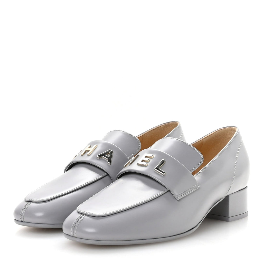 Chanel Shiny Calfskin Logo Loafers 37 Light Grey