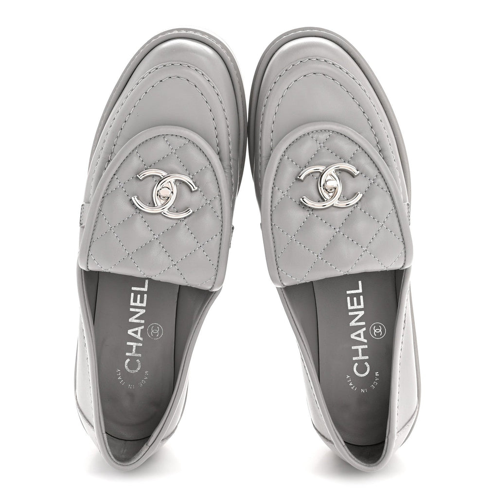 Chanel Lambskin Quilted CC Turnlock Loafers 36.5 Grey