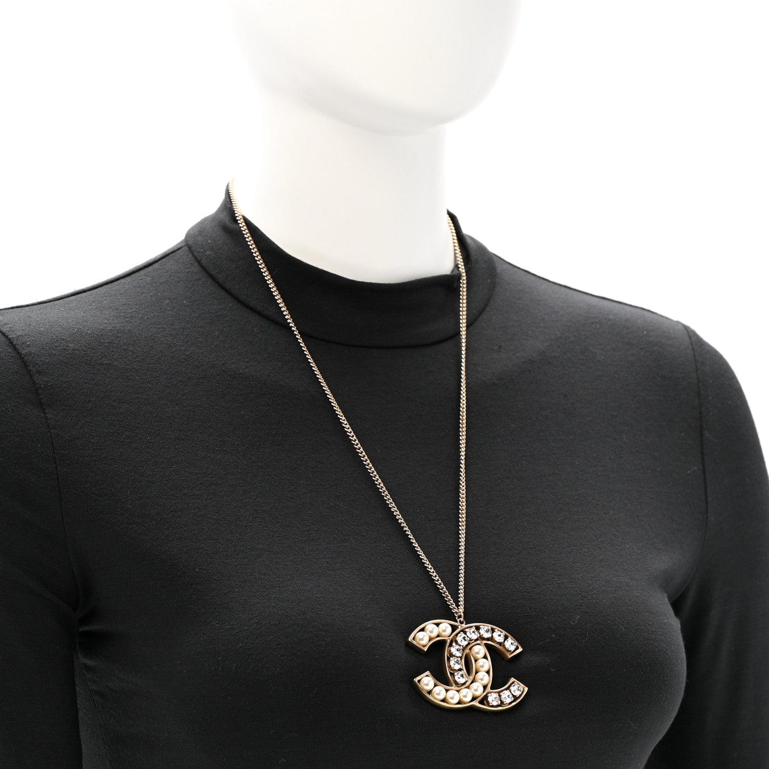 Chanel Pearl Crystal CC Pendant Necklace Gold