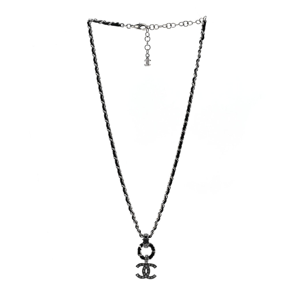 Chanel Lambskin Crystal Chain Choker Necklace Silver Black
