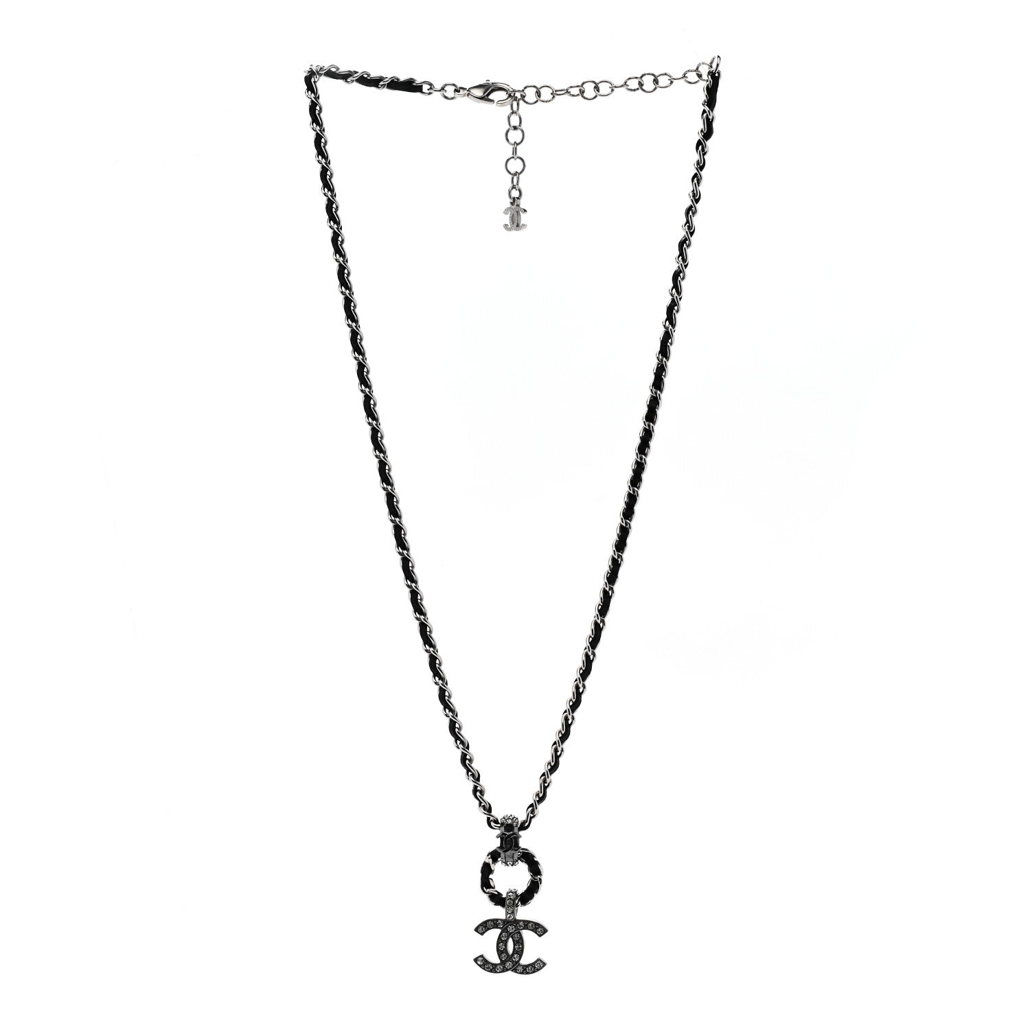 Chanel Lambskin Crystal Chain Choker Necklace Silver Black