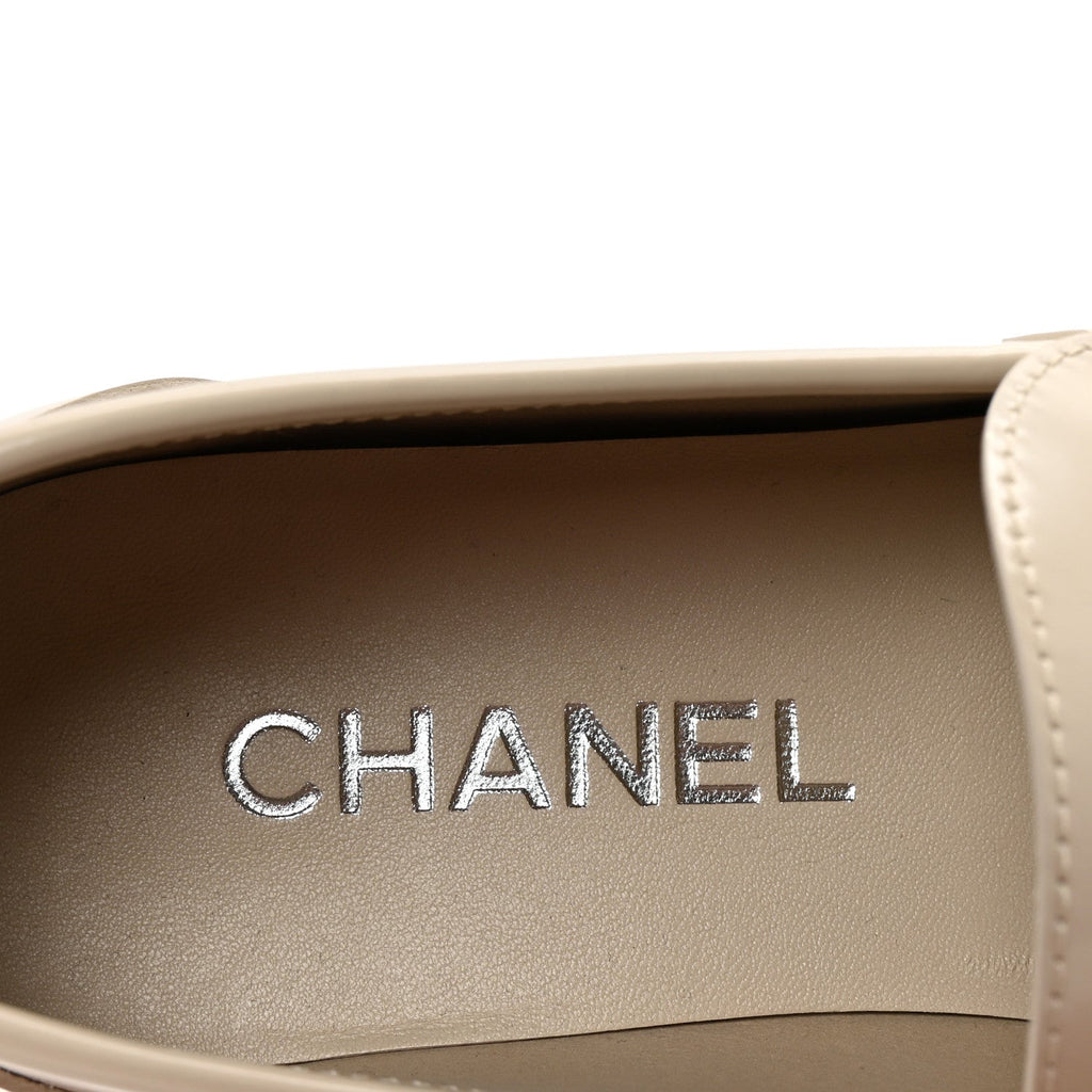 Chanel Shiny Calfskin Logo Loafers 38.5 Light Beige