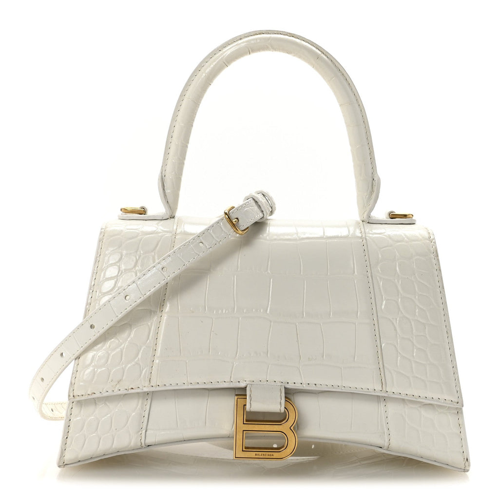 Balenciaga Calfskin Crocodile Embossed Small Hourglass Top Handle Bag White