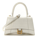 Balenciaga Calfskin Crocodile Embossed Small Hourglass Top Handle Bag White