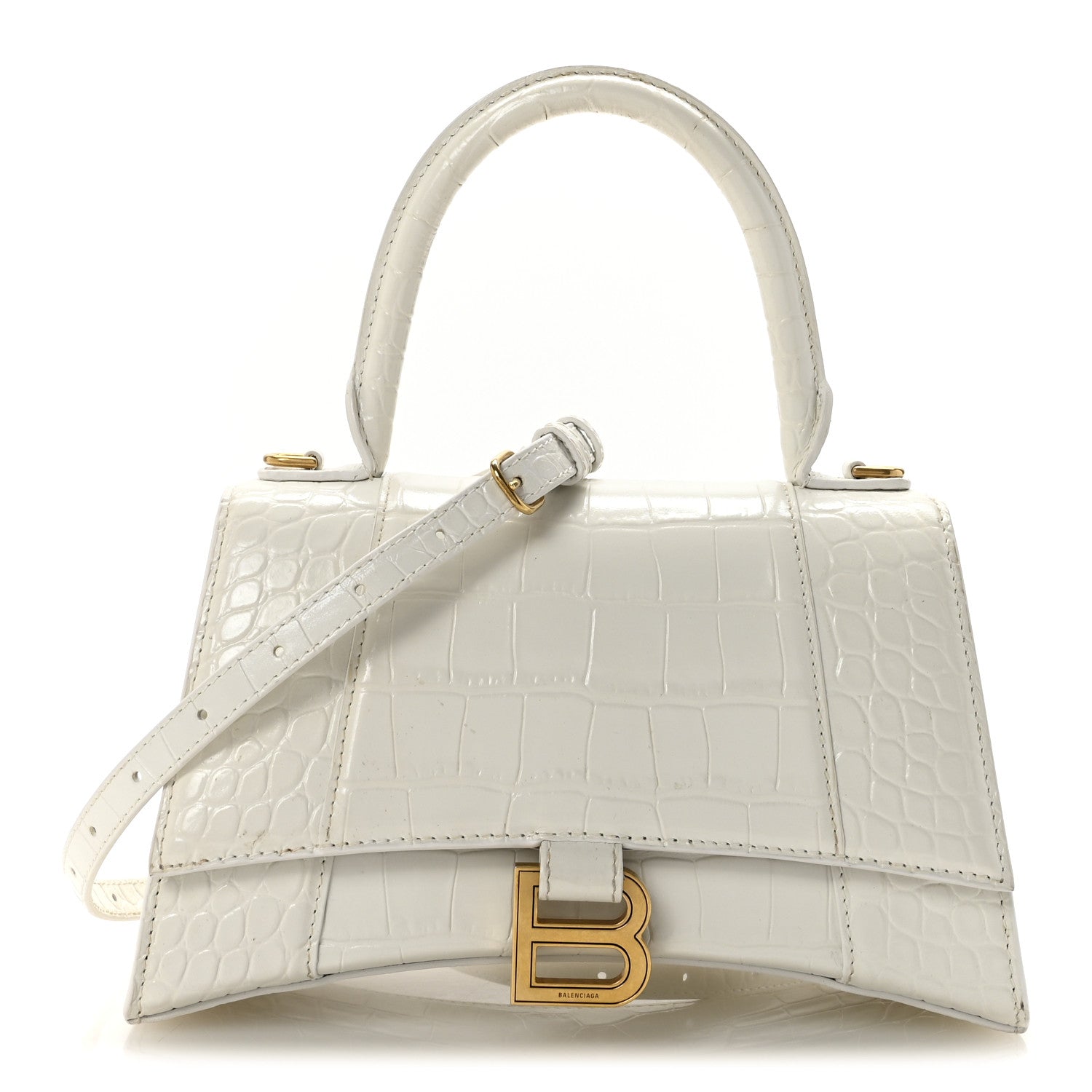 Balenciaga Calfskin Crocodile Embossed Small Hourglass Top Handle Bag White