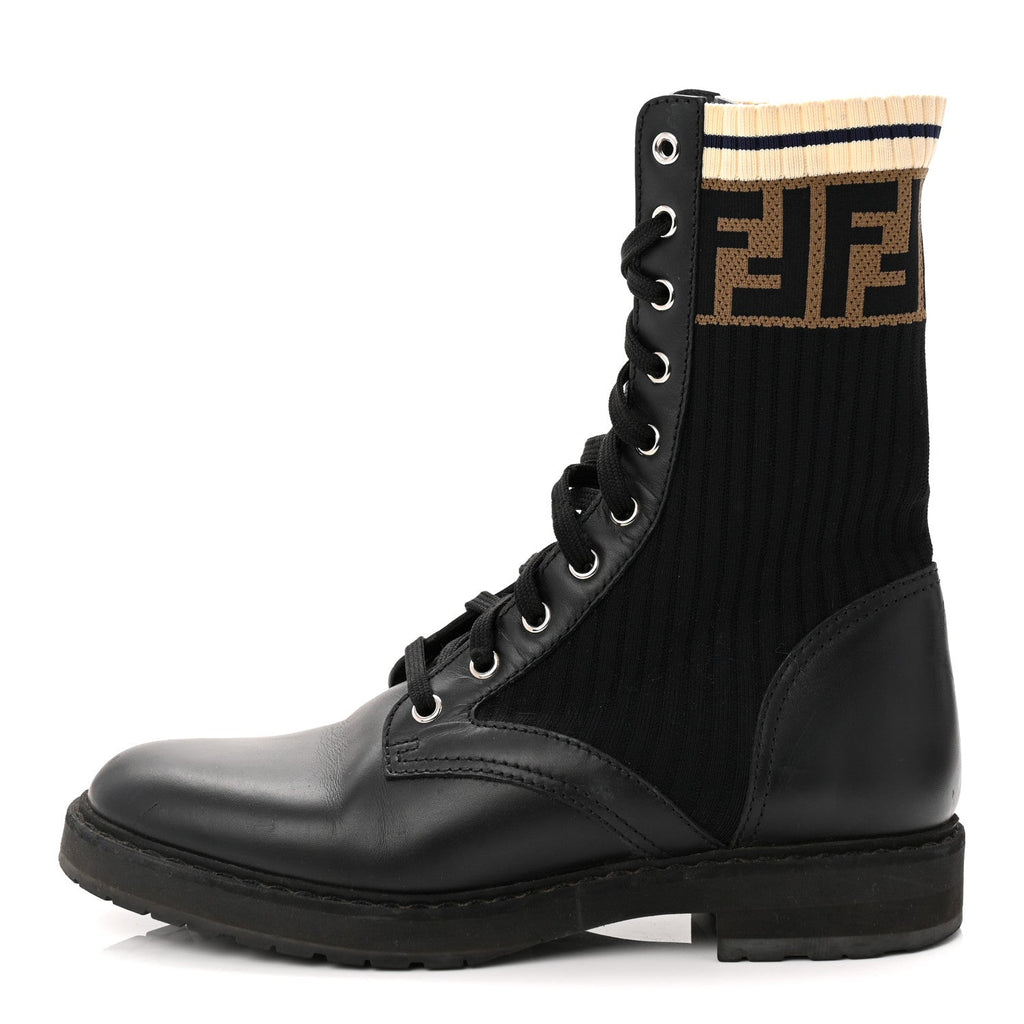 Fendi Calfskin Stretch Fabric Rockoko Biker Boots 38 Tobacco Black Marino
