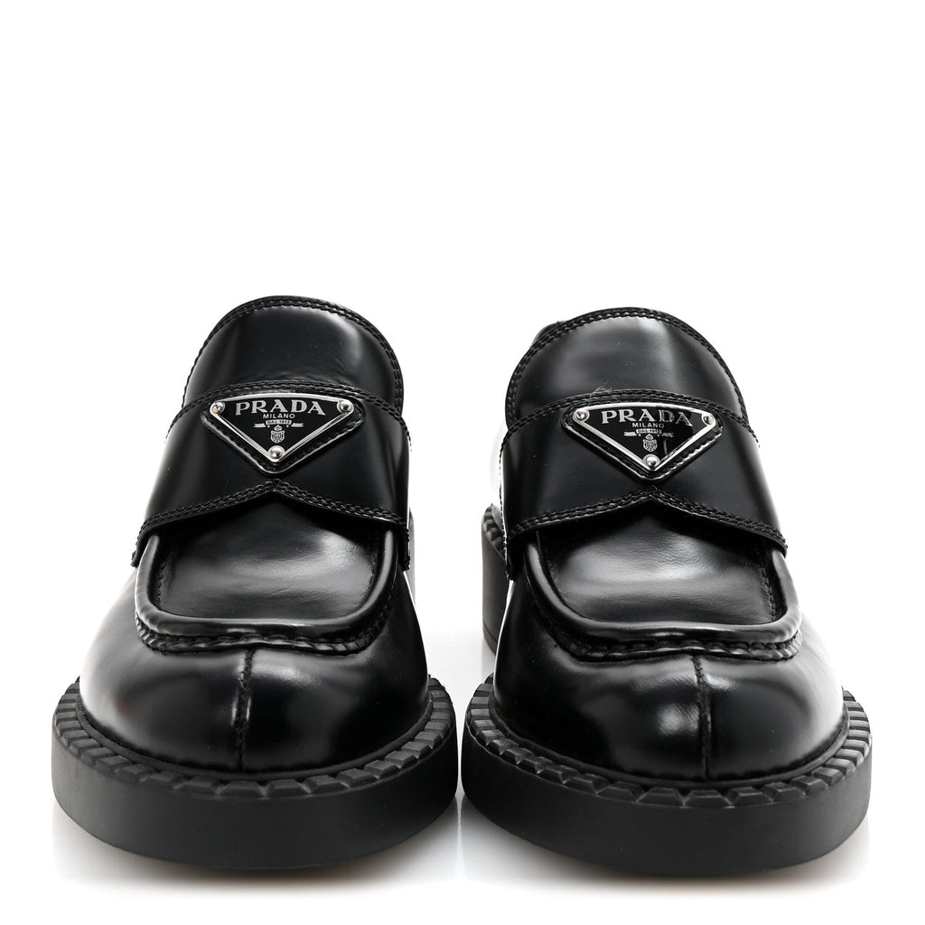 Prada Spazzolato Metal Triangle Logo 50mm Loafers 36.5 Black