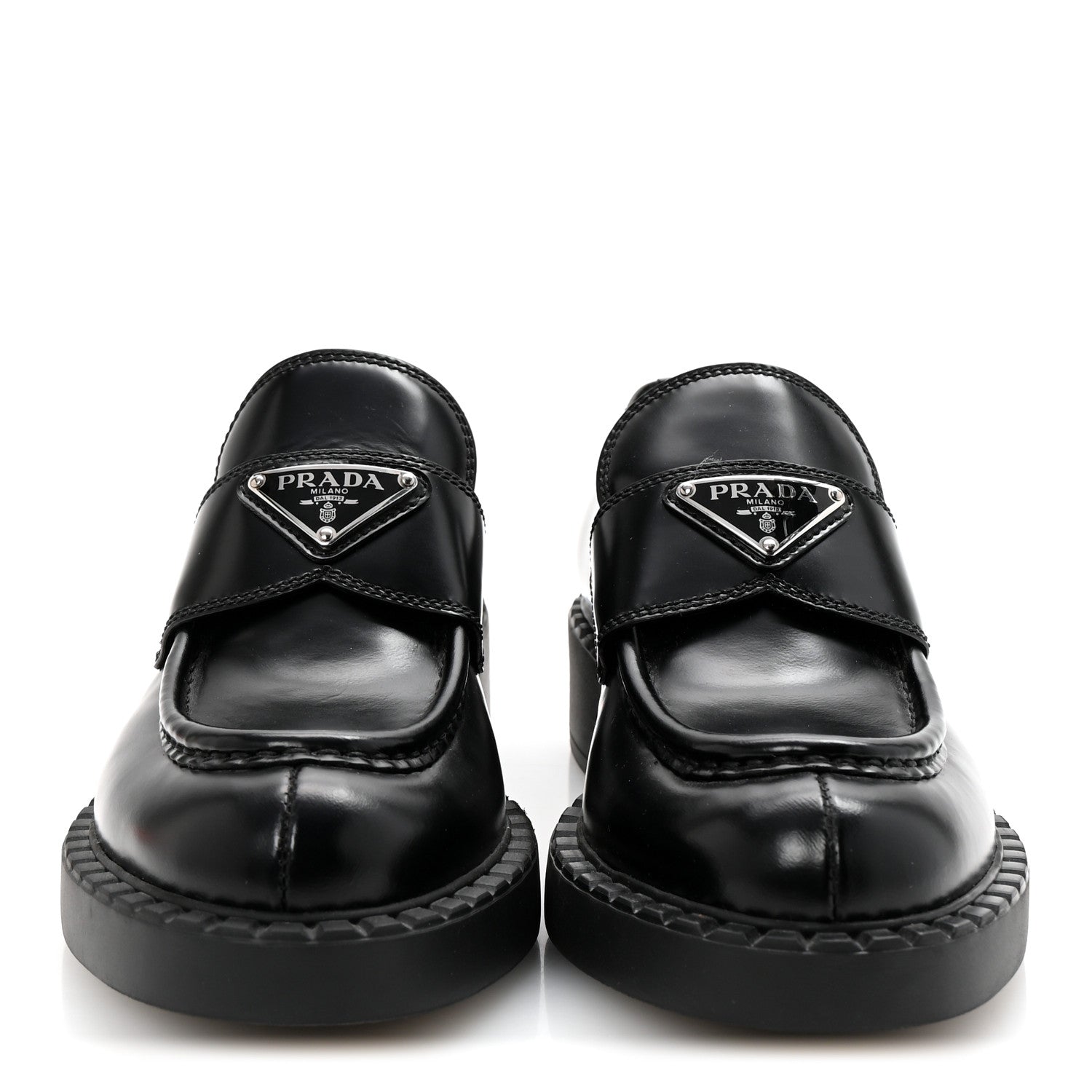 Prada Spazzolato Metal Triangle Logo 50mm Loafers 36.5 Black