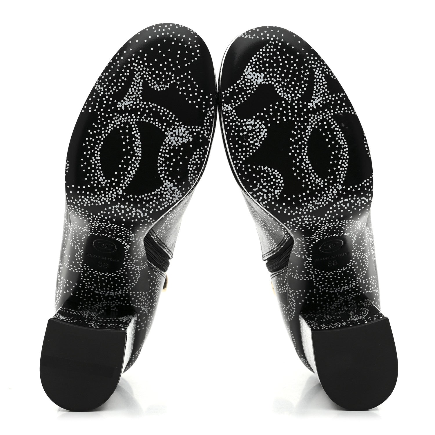 Chanel Calfskin Camellia Printed Ankle Boots 38 Black White