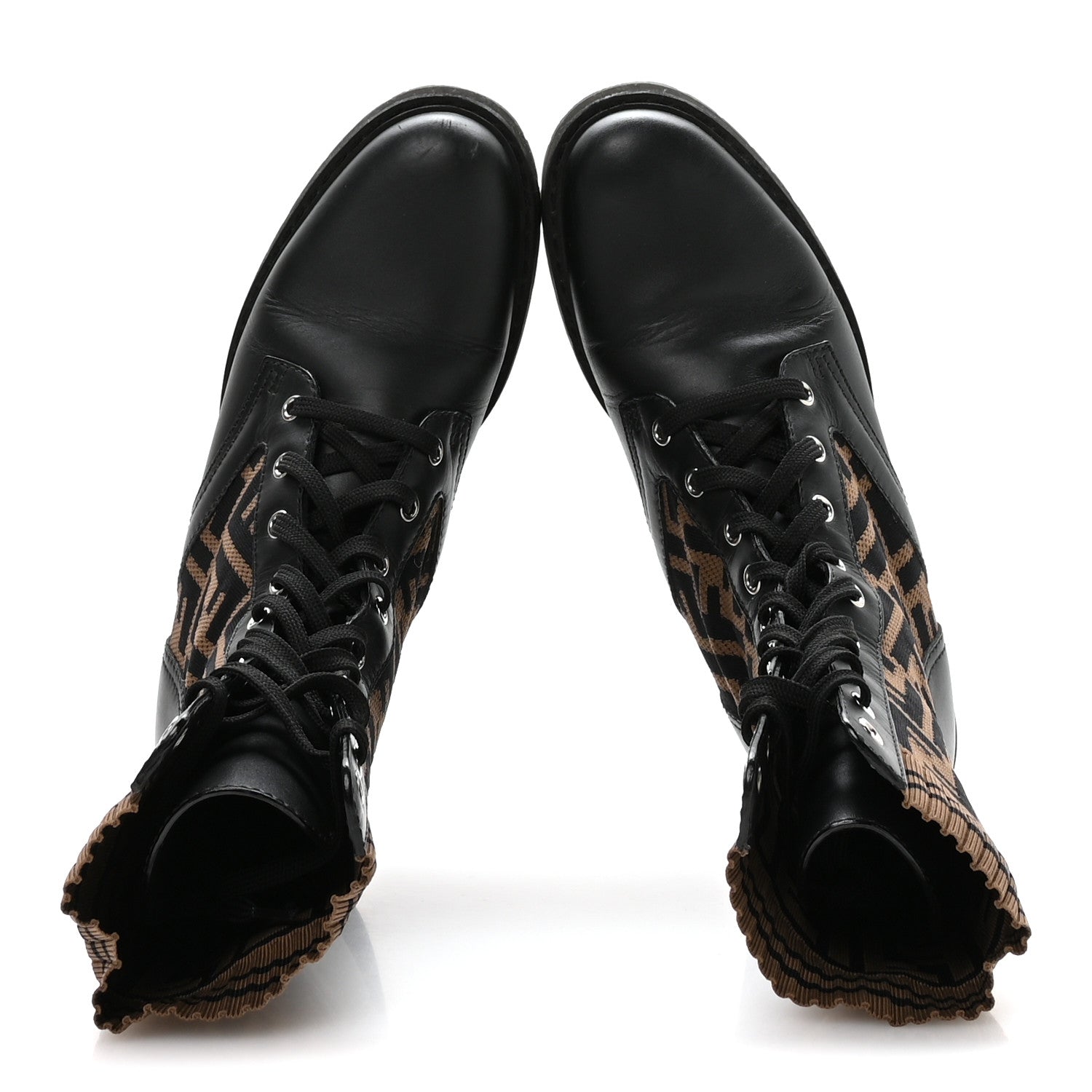 Fendi Calfskin Stretch Fabric FF Rockoko Biker Boots 40 Black Tobacco