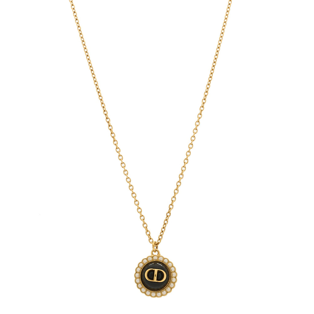 Christian Dior Metal Pearl CD Necklace Gold Black