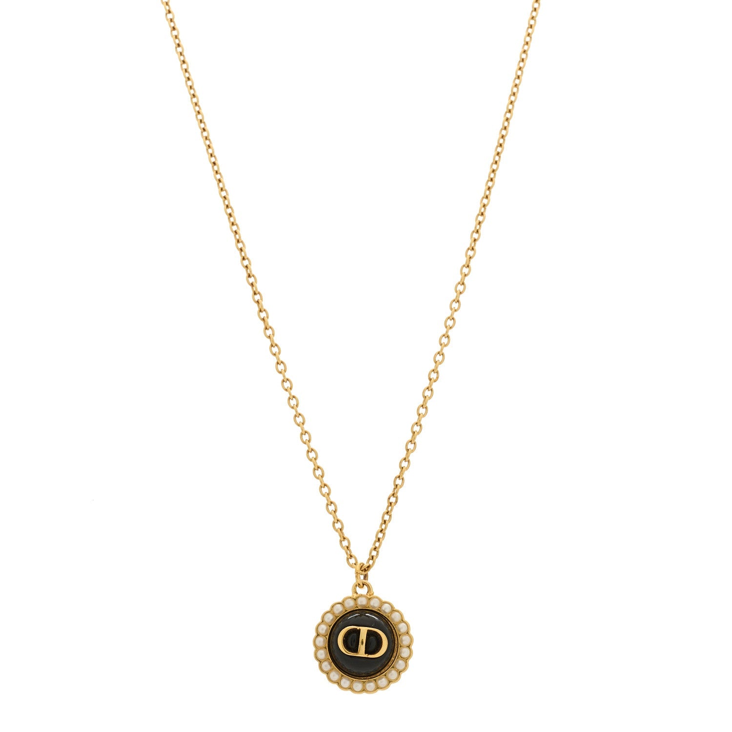 Christian Dior Metal Pearl CD Necklace Gold Black