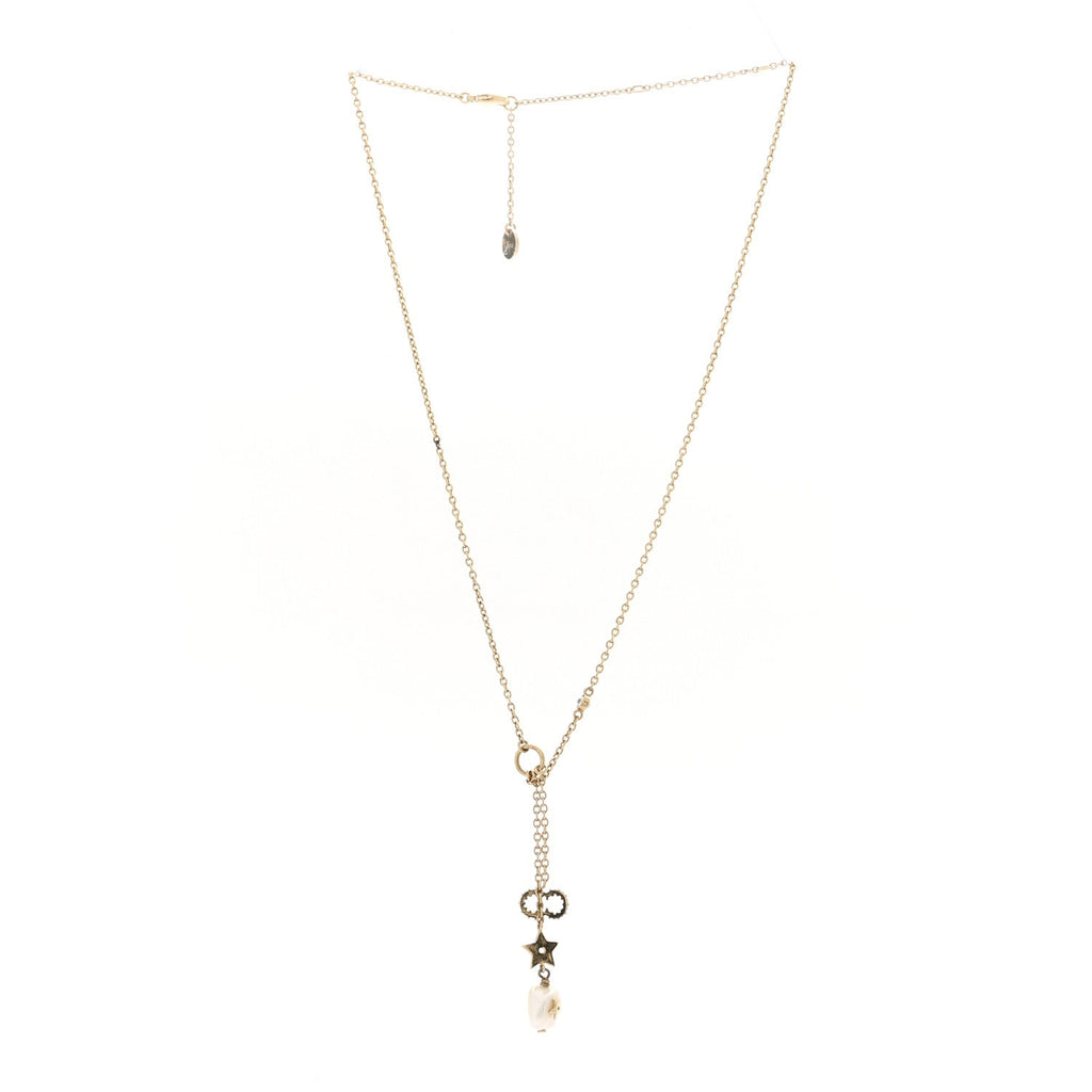 Christian Dior Crystal Pearl CD Shiny-D Tribal Long Necklace Gold