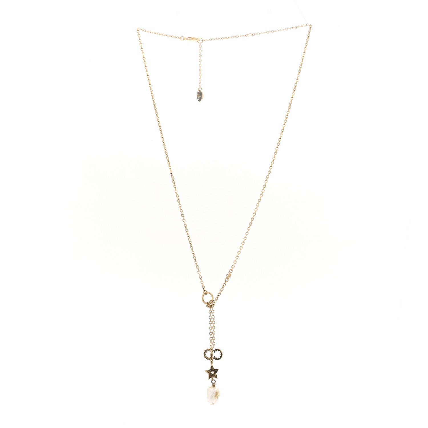 Christian Dior Crystal Pearl CD Shiny-D Tribal Long Necklace Gold