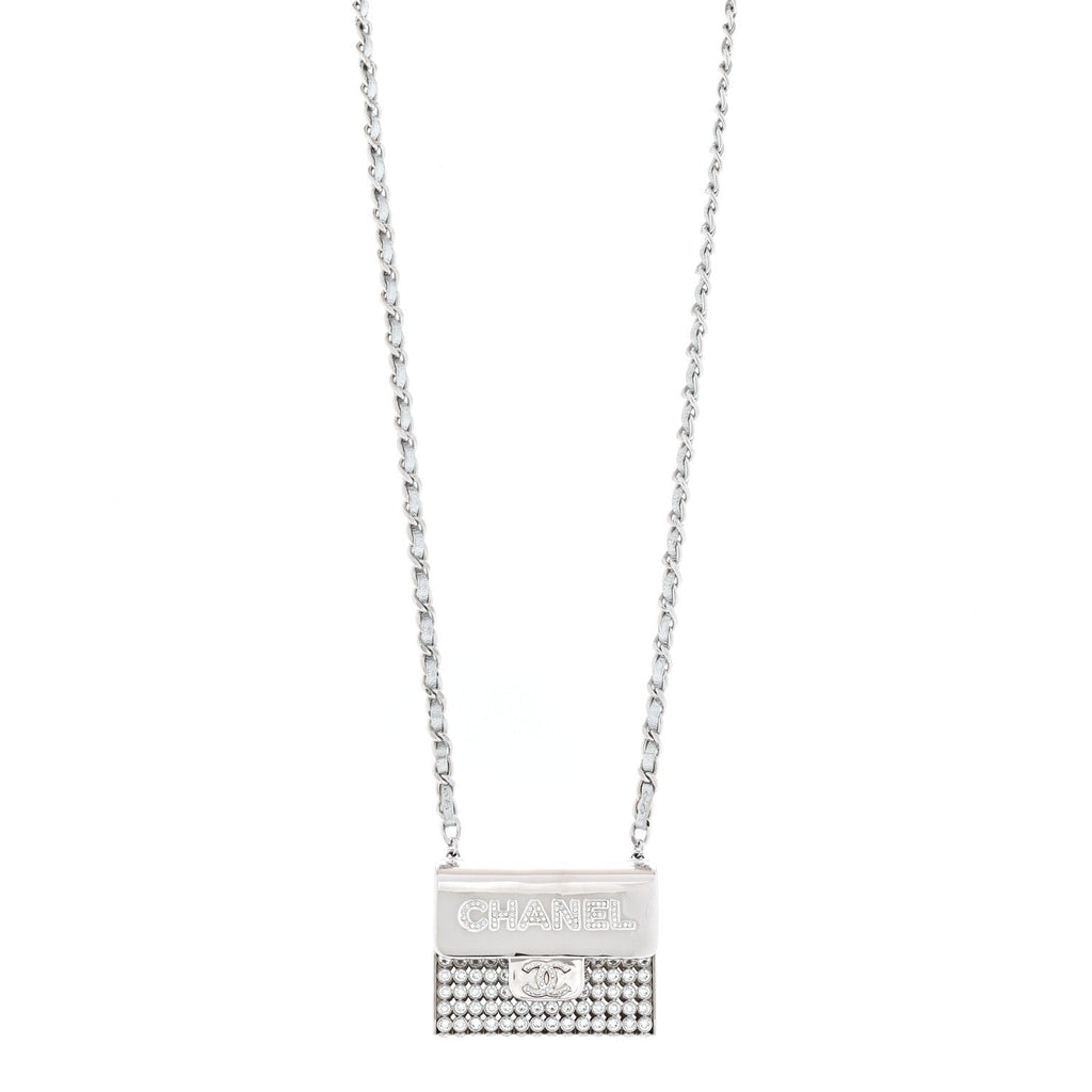 Chanel Metal Lambskin Strass Crystal Purse CC Long Necklace Silver