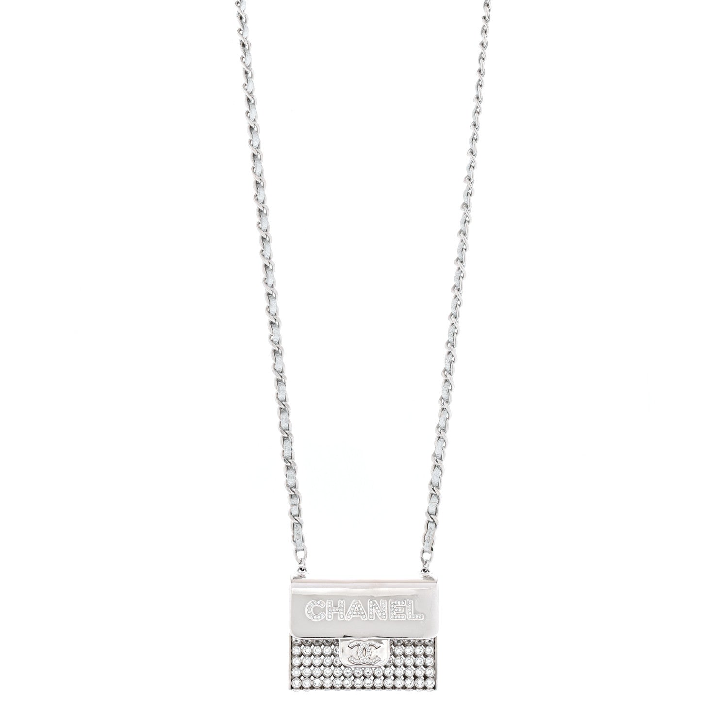Chanel Metal Lambskin Strass Crystal Purse CC Long Necklace Silver