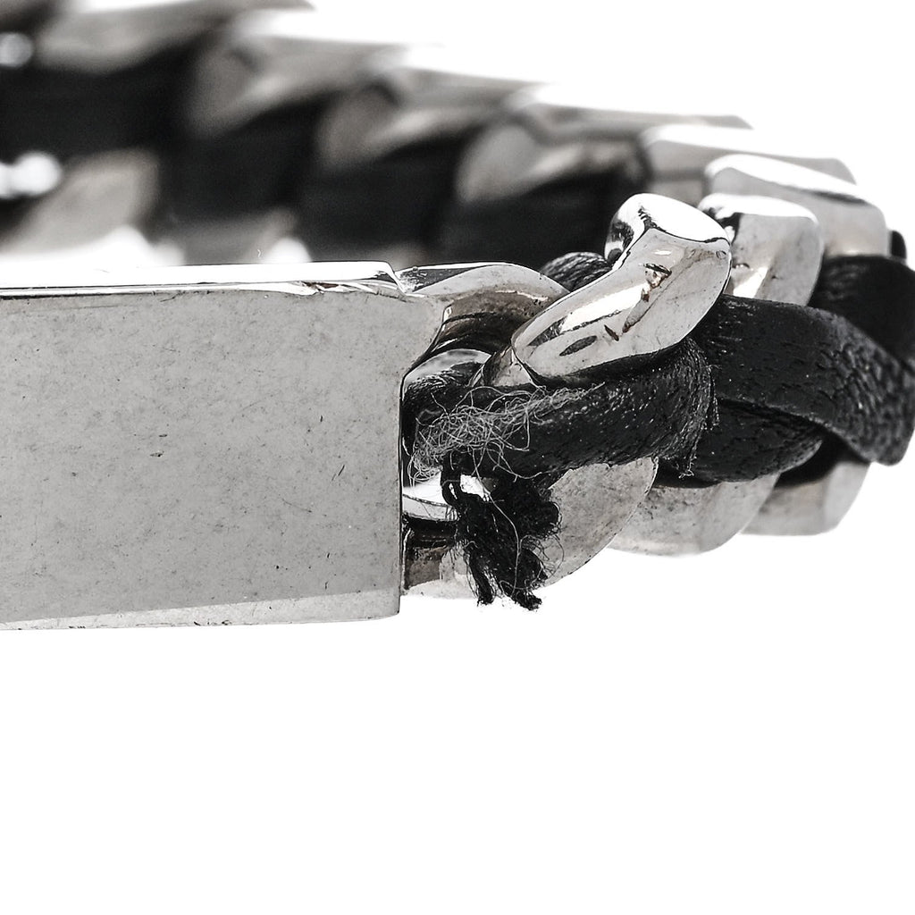 Saint Laurent Metal Leather Curb Chain Bracelet Oxidized Silver Black