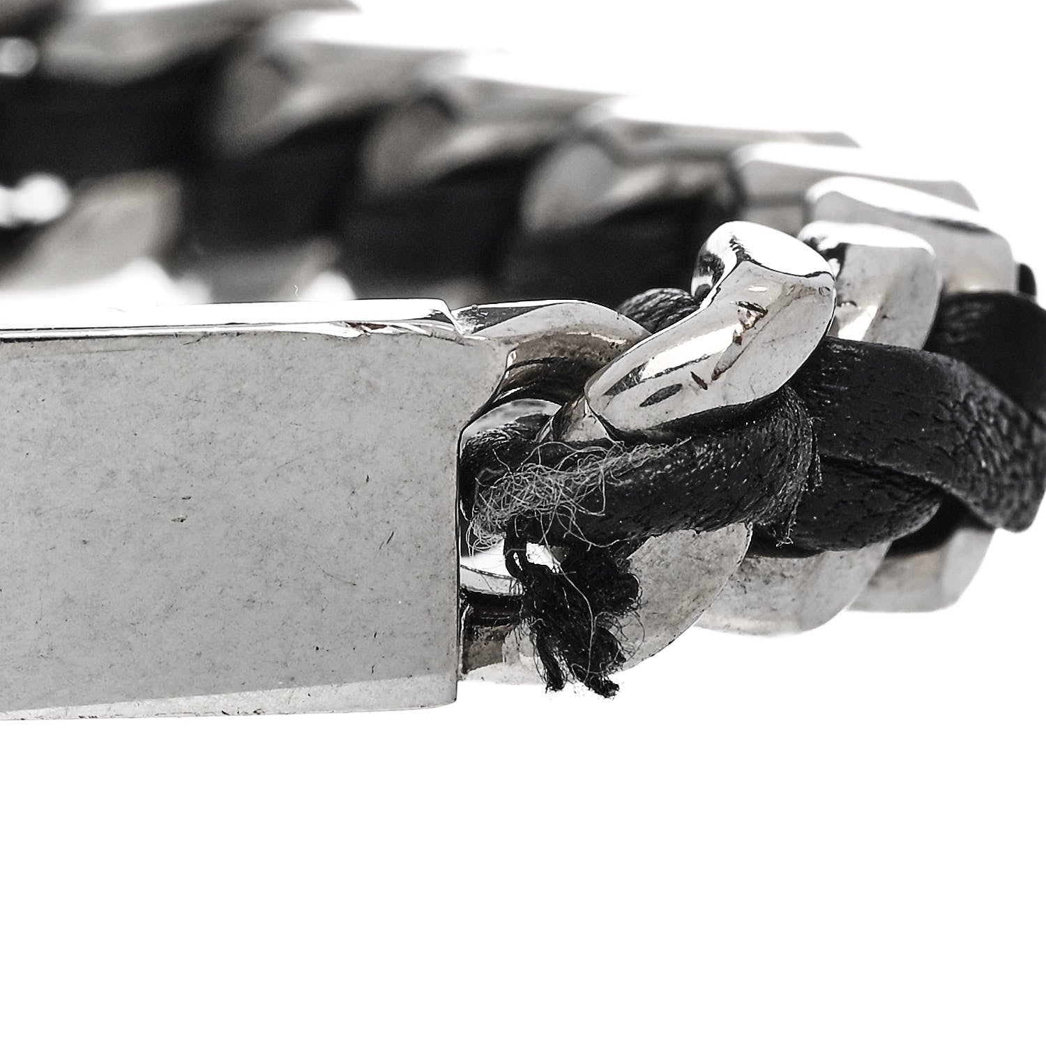 Saint Laurent Metal Leather Curb Chain Bracelet Oxidized Silver Black