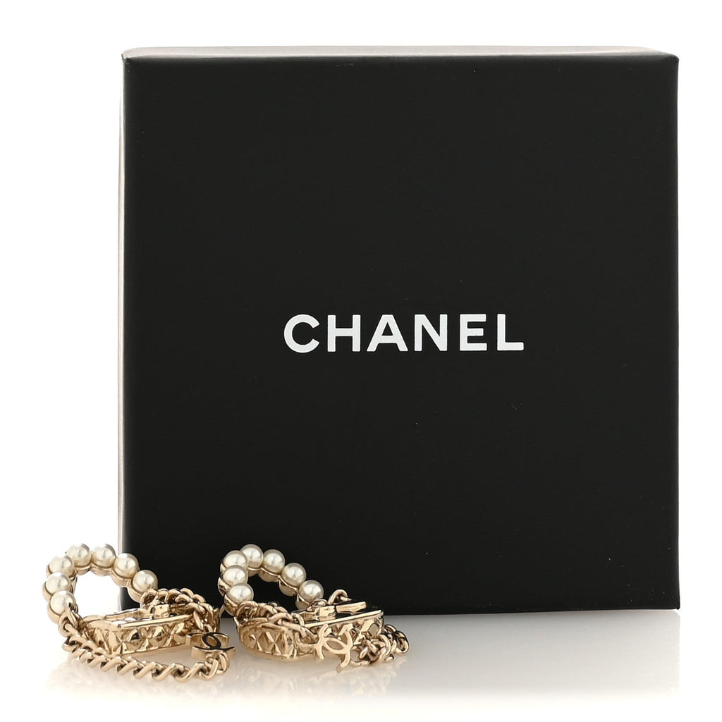 Chanel Metal Pearl Quilted CC Flap Bag Earrings Gold