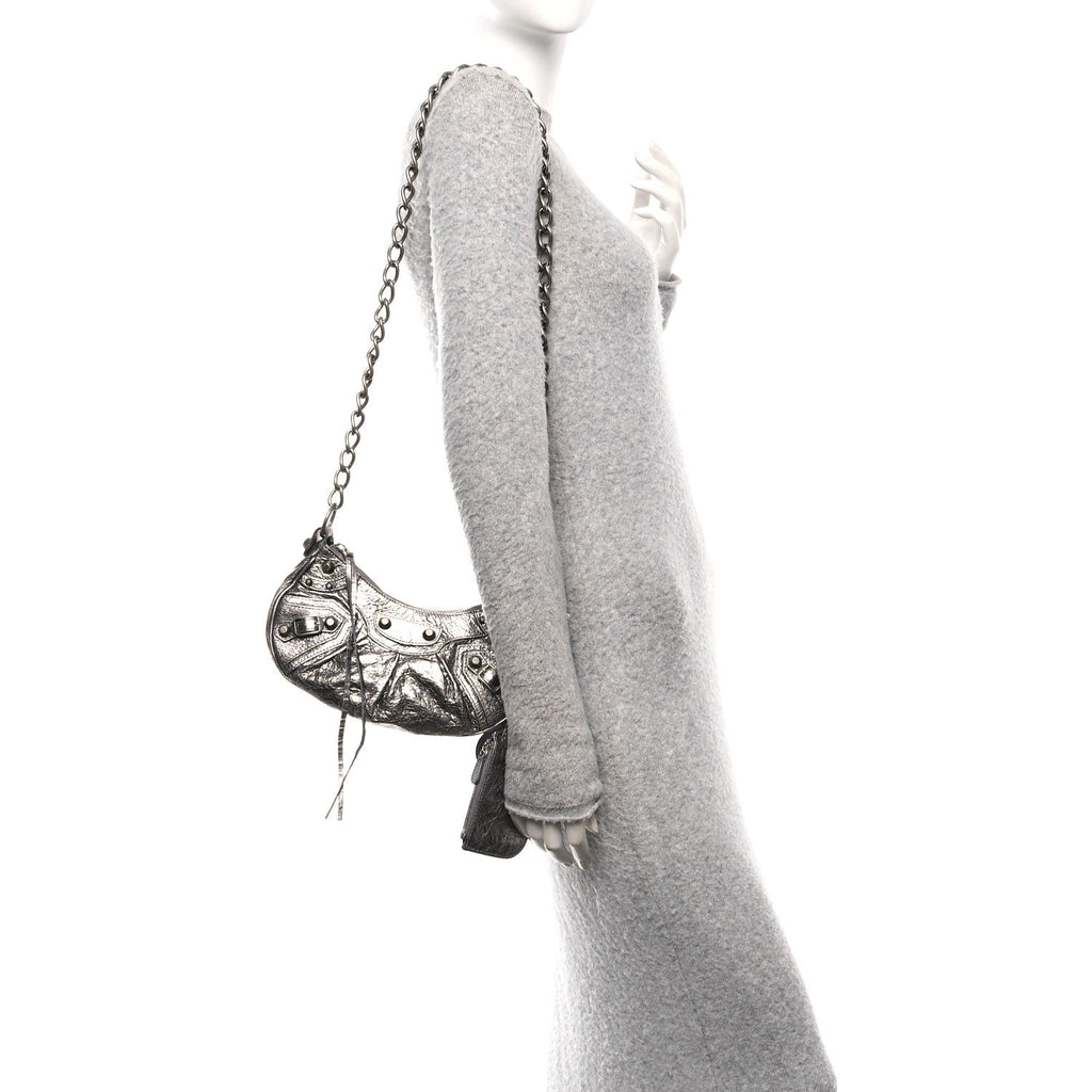 Balenciaga Metallic Agneau Arena Le Cagole Chain Shoulder Bag XS Silver