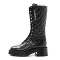 Chanel Calfskin Quilted Logo Lace Up Tall Combat Boots 37.5 Black