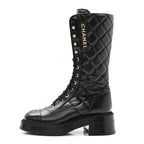 Chanel Calfskin Quilted Logo Lace Up Tall Combat Boots 37.5 Black