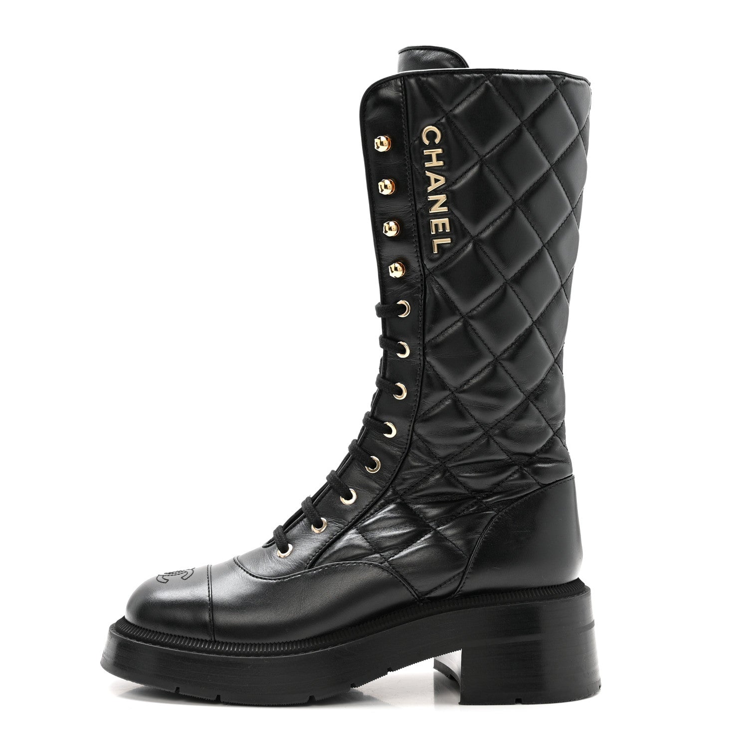 Chanel Calfskin Quilted Logo Lace Up Tall Combat Boots 37.5 Black