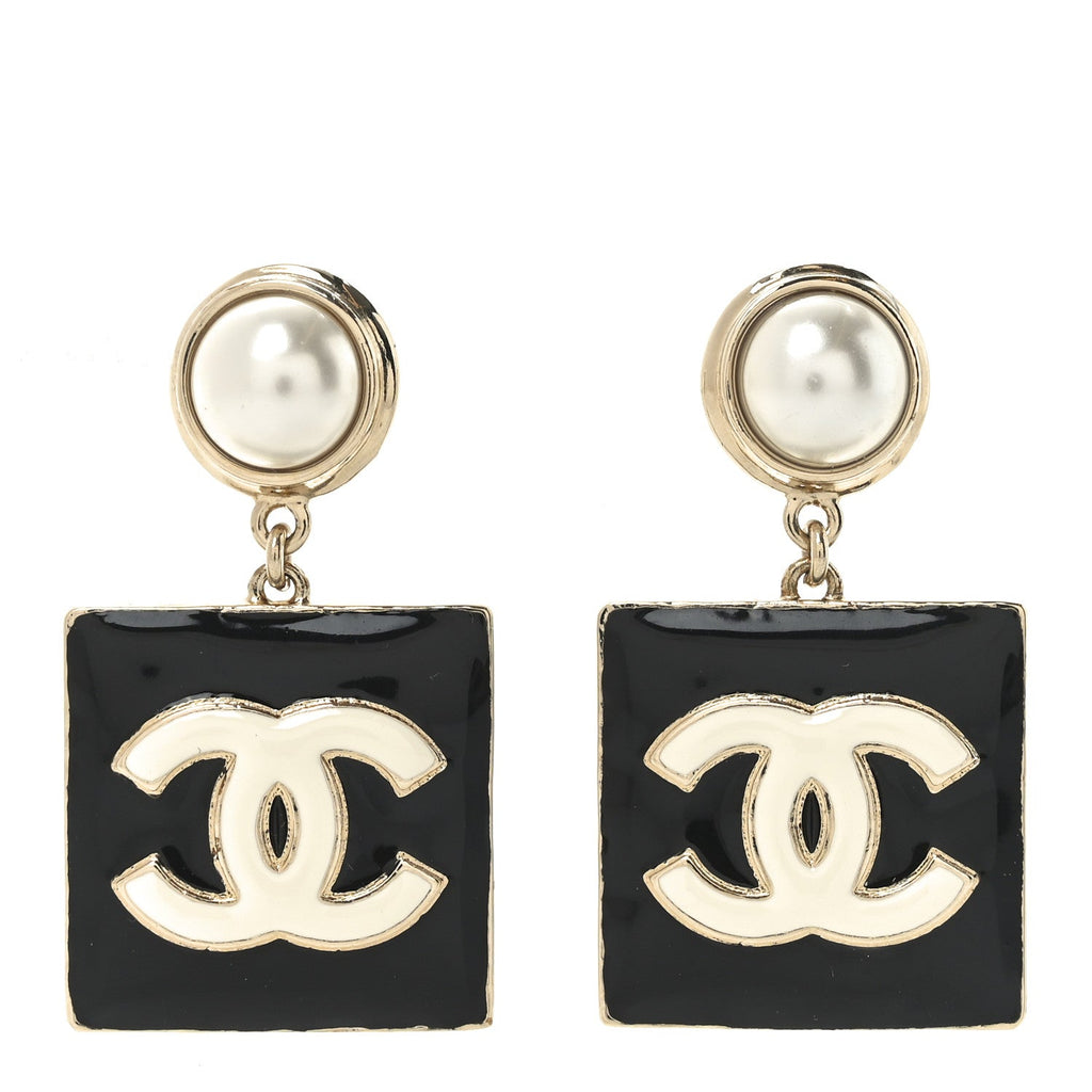 Chanel Metal Resin Pearl CC Drop Earrings Gold Black White