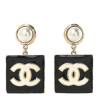 Chanel Metal Resin Pearl CC Drop Earrings Gold Black White