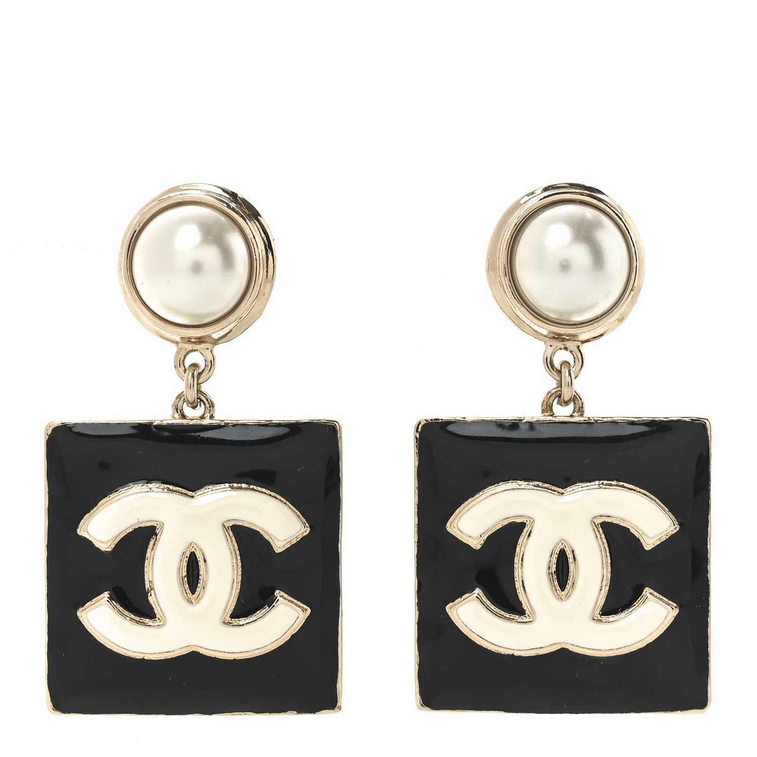 Chanel Metal Resin Pearl CC Drop Earrings Gold Black White