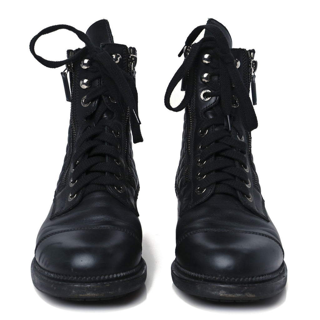 Chanel Calfskin Quilted Lace Up Combat Boots 39 Black