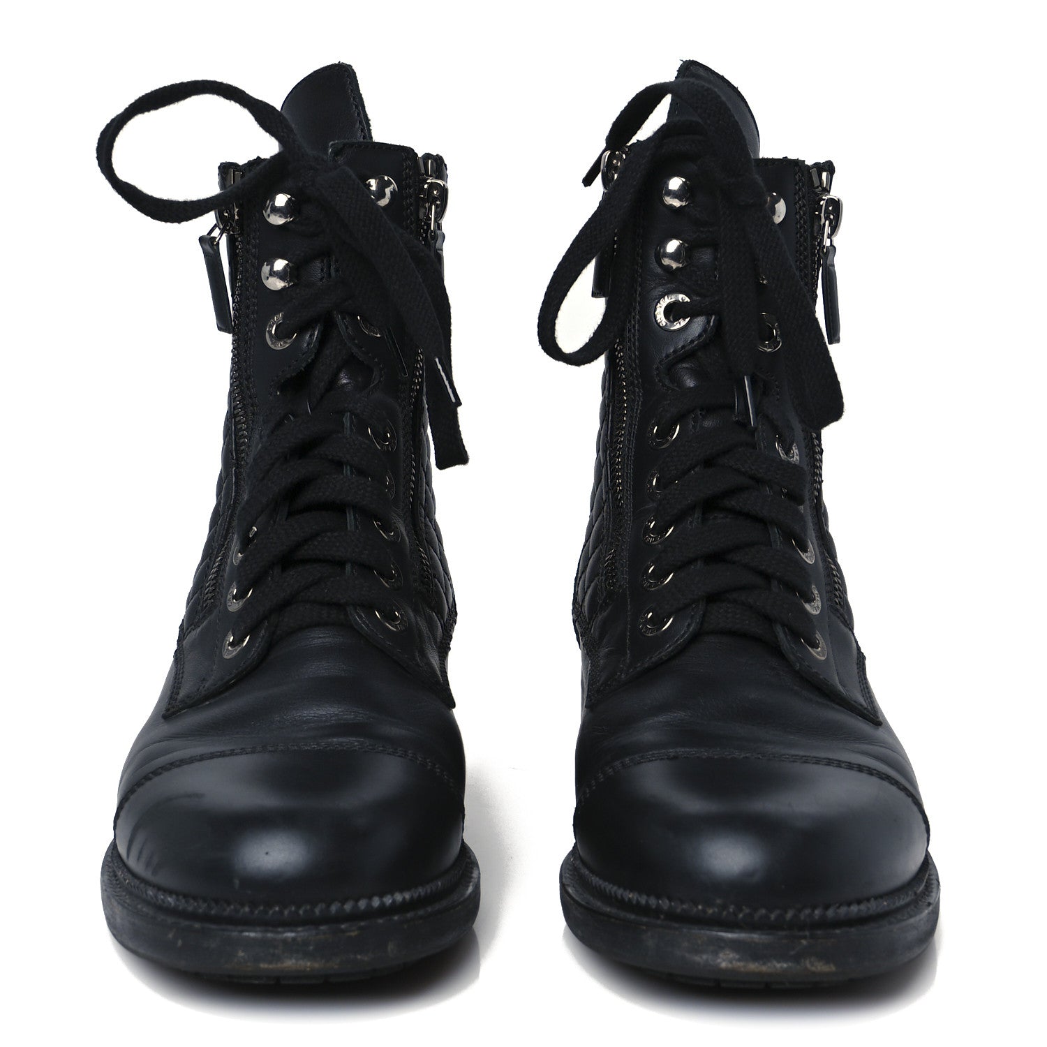 Chanel Calfskin Quilted Lace Up Combat Boots 39 Black