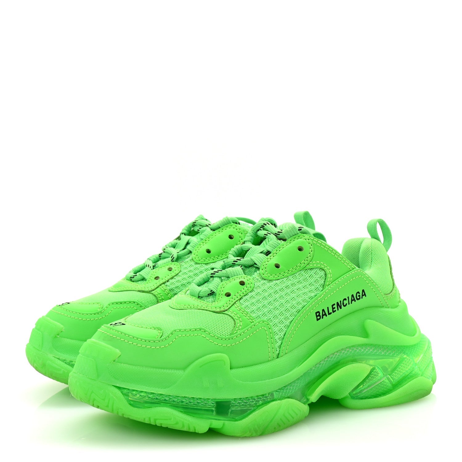Balenciaga Fabric Mesh Clear Sole Womens Triple S Sneakers 37 Fluo Green