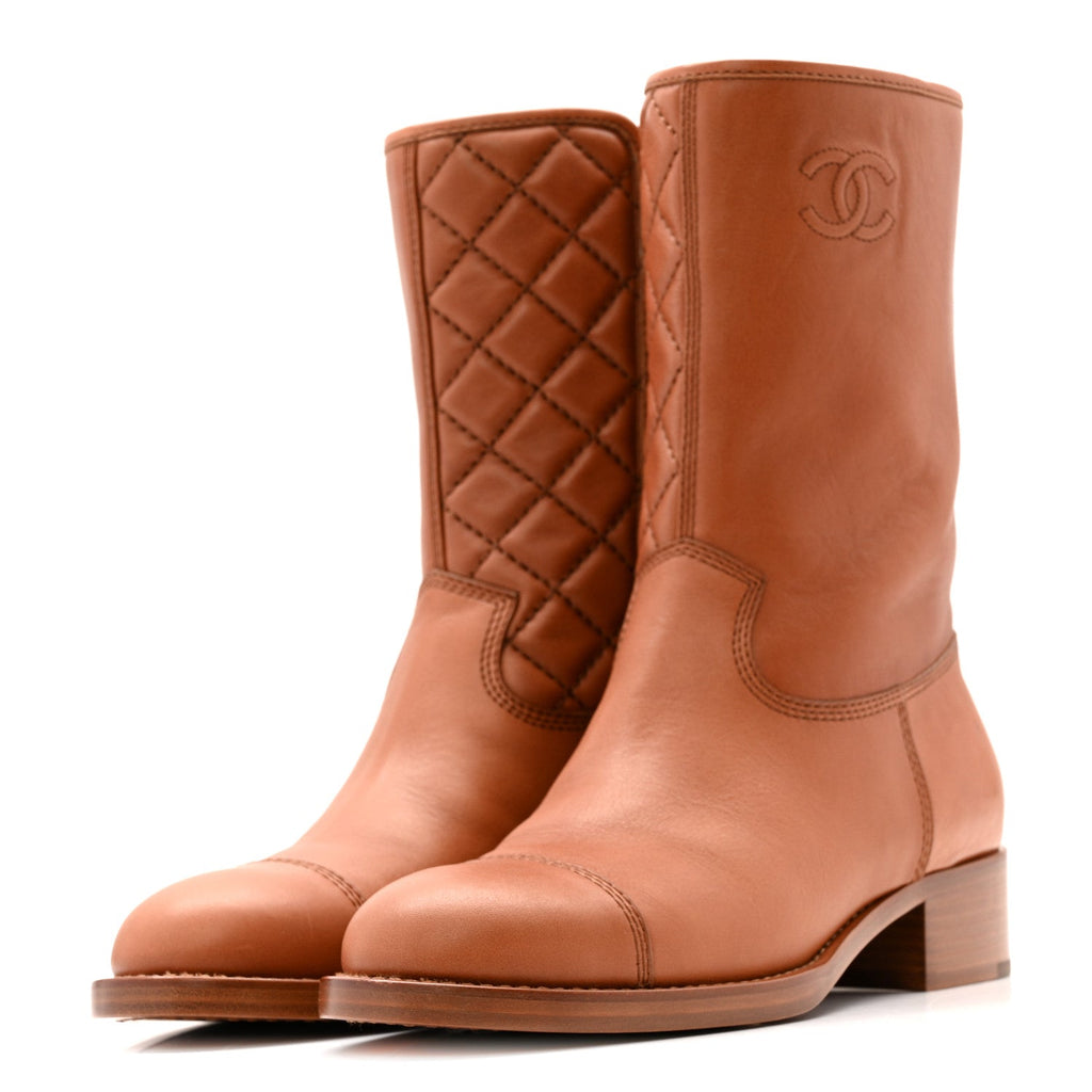 Chanel Calfskin CC Logo Mid Calf Boots 39 Brown