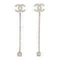 Chanel Metal Baguette Round Crystal CC Drop Long Earrings Silver