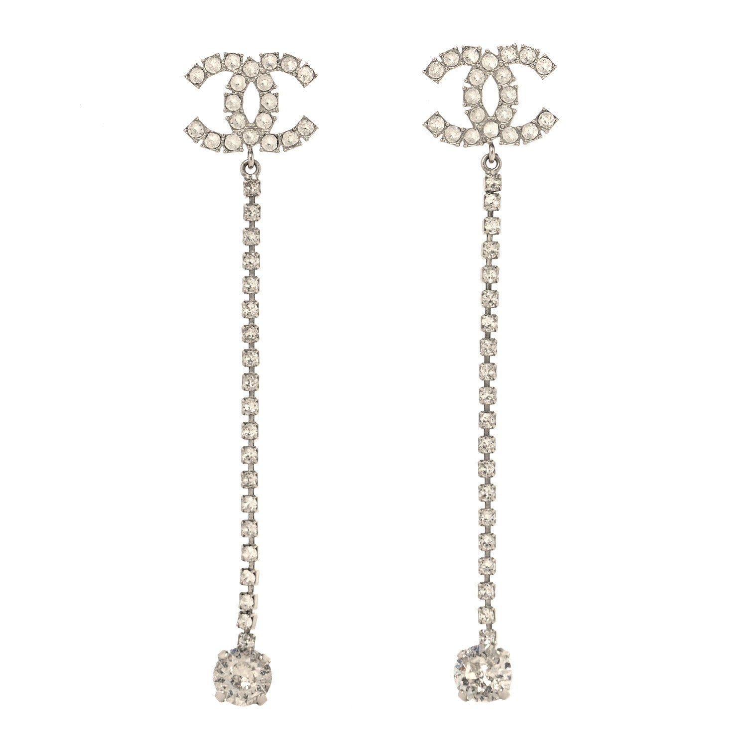 Chanel Metal Baguette Round Crystal CC Drop Long Earrings Silver