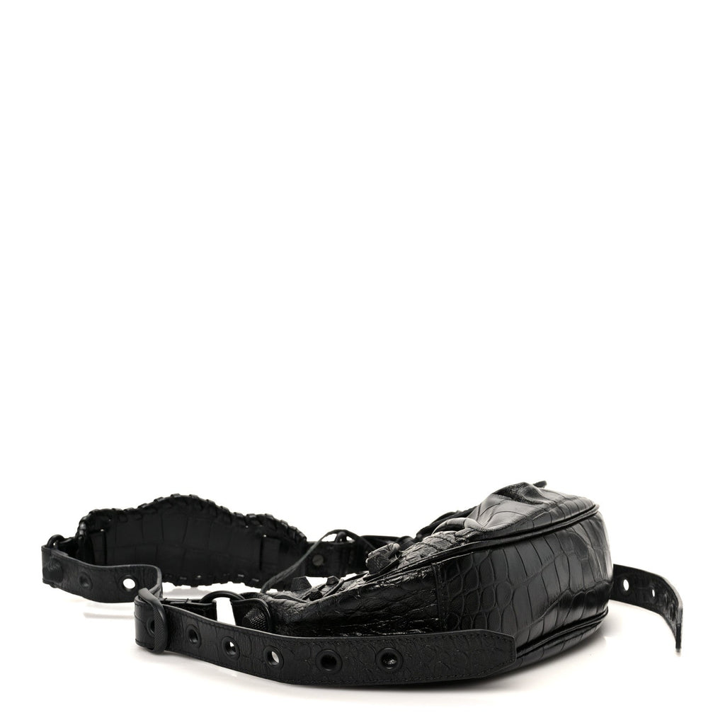 Balenciaga Extra Supple Calfskin Crocodile Embossed Monochrome Le Cagole Shoulder Bag XS Black
