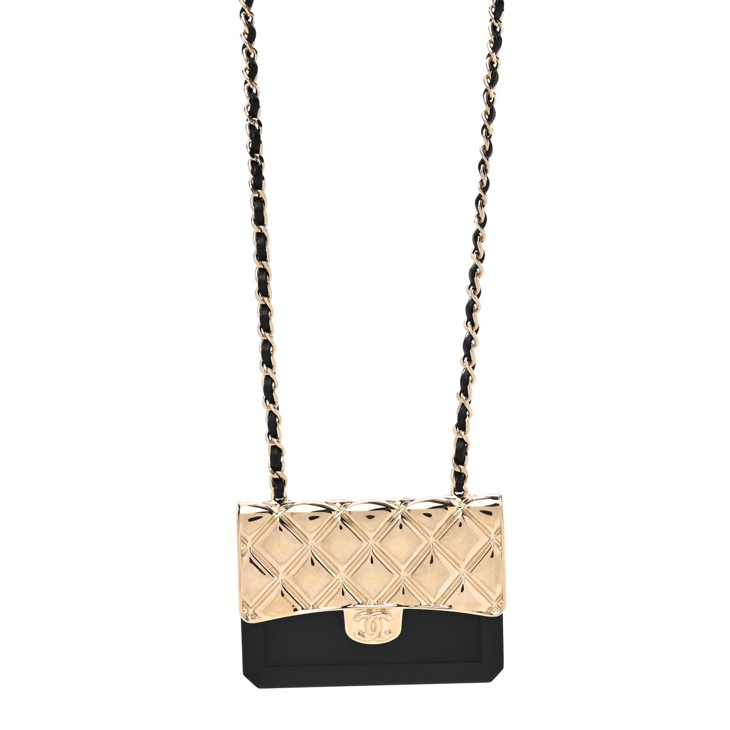 Chanel Metal Resin Lambskin Flap Bag Long Necklace Gold Black