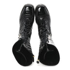 Chanel Shiny Calfskin Patent Quilted Chain Lace Up Combat Long Boots 38.5 Black