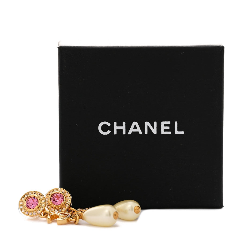 Chanel Metal Crystal Pearl CC Drop Earrings Gold Pink White
