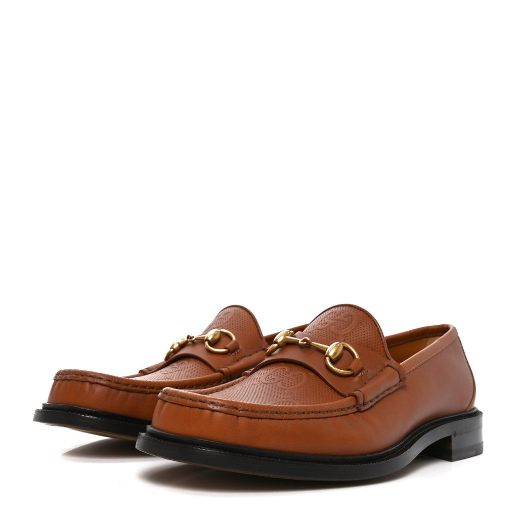 Gucci Harness Calfskin GG Tennis Embossed Mens Horsebit Loafers 9 Dark Brown