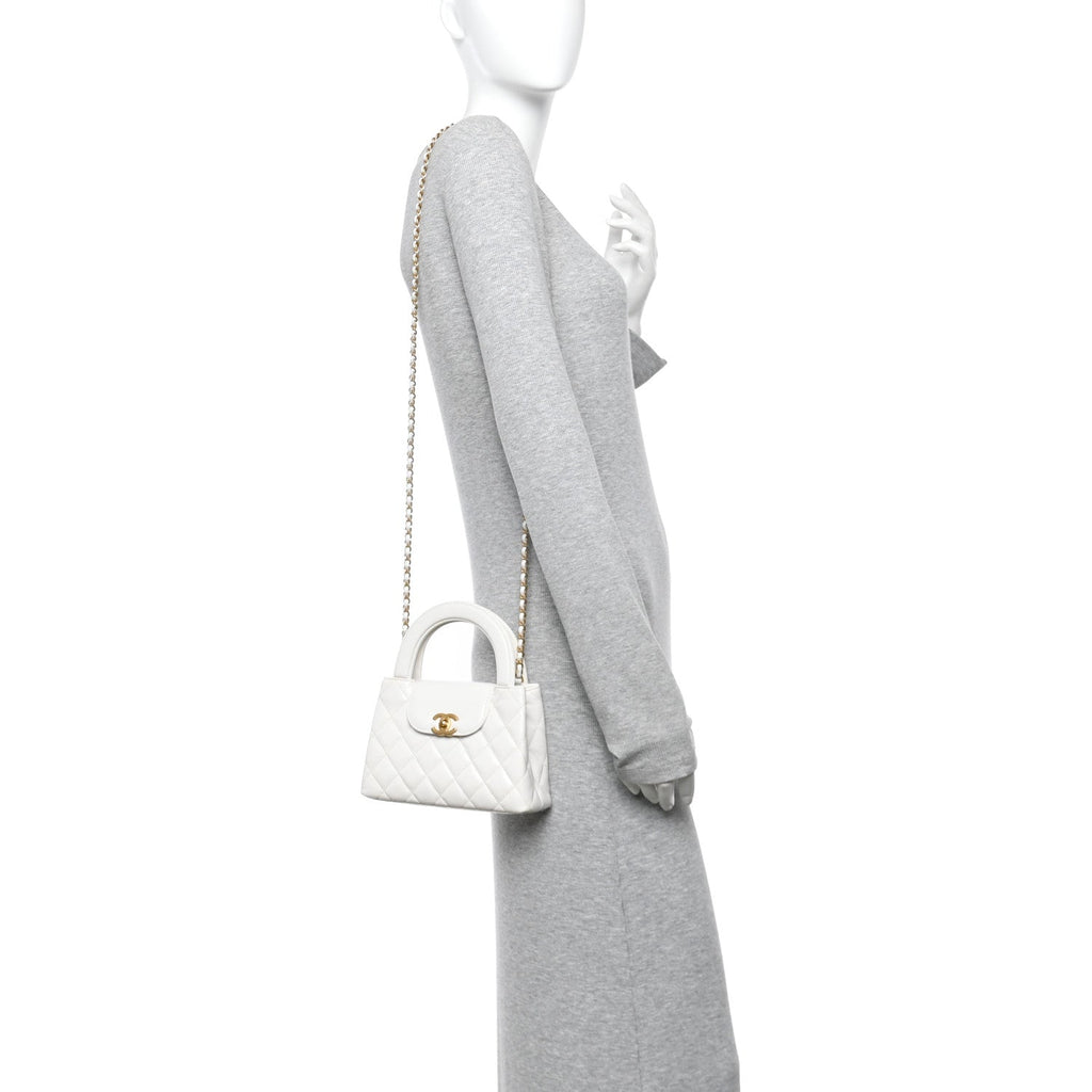 Chanel Shiny Aged Calfskin Quilted Nano Kelly Shopper White