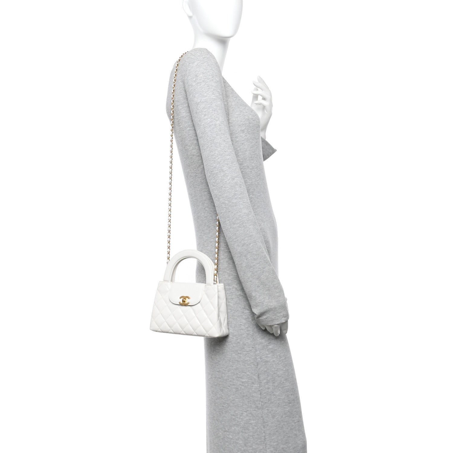 Chanel Shiny Aged Calfskin Quilted Nano Kelly Shopper White